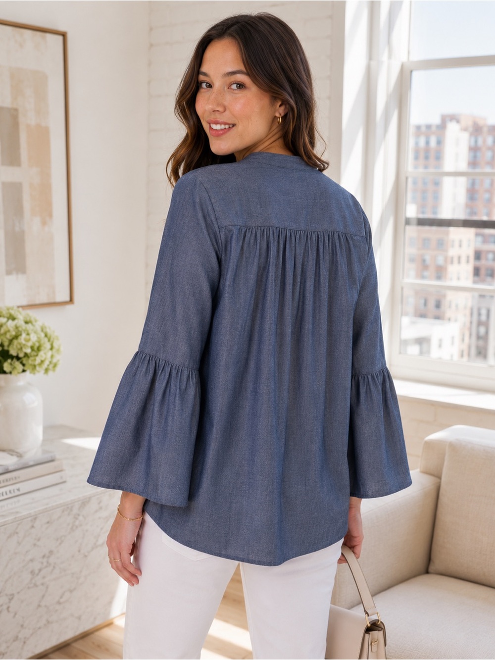 LOFT Chambray Bell Sleeve Blouse Womens XS Blue Lyocell Lightweight Top - Picture 3 of 12